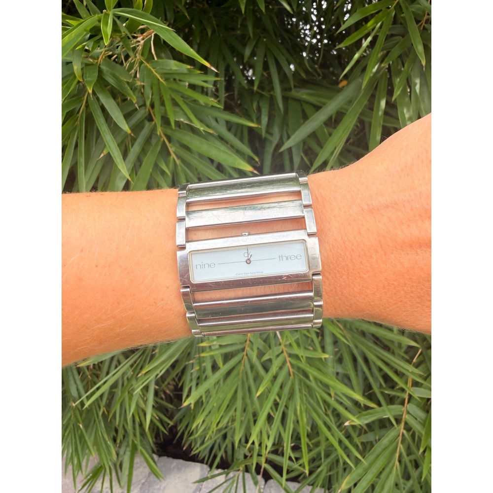 Calvin Klein Swiss Made Stainless Steel Ladder Link Cuff Watch Silver Tone Y2K